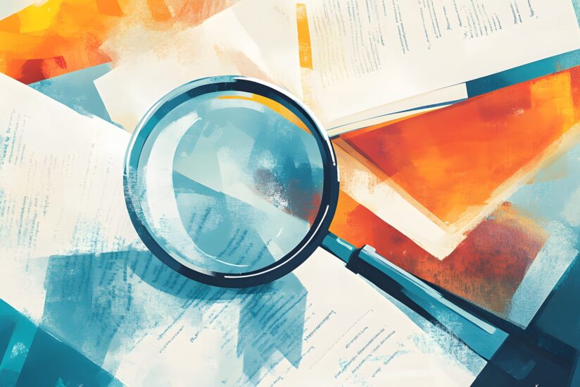 Illustration of the acronym RFP text unfolding into a document, with magnifying glasses symbolizing the exploration and review of proposals